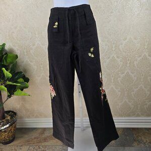 Johnny Was Size XS 100% Cotton Black Pants Floral Bird Embroidery Pockets